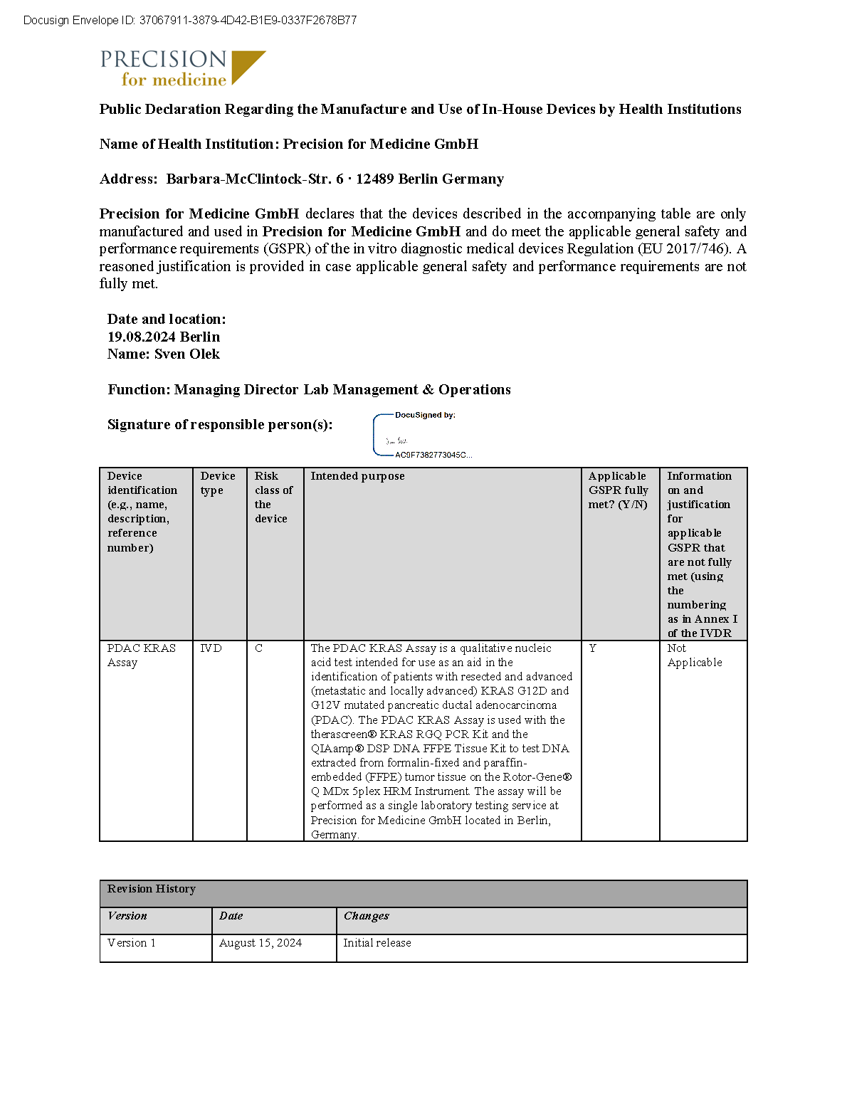 PDAC KRAS Assay GSPR Compliance Statement PDAC KRAS Assay GSPR Compliance Statement