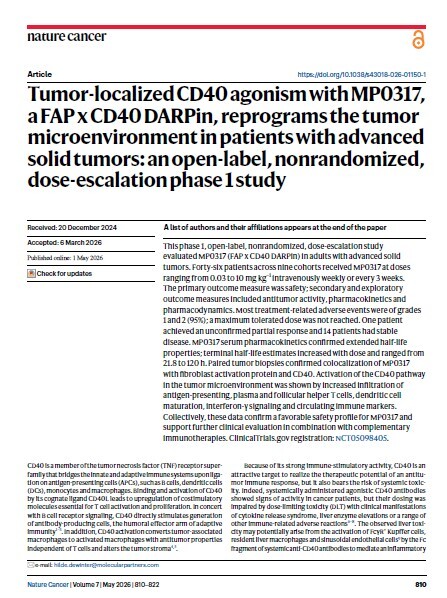 Tumor-localized CD40 agonism with MP0317a FAP x CD40 DARPin, reprograms the tumor microenvironment in patients with advanced solid tumors-an open-label, nonrandomized, dose-escalation phase 1 study