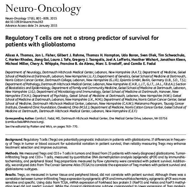 Regulatory T cells are not a strong predictor of survival for patients with glioblastoma