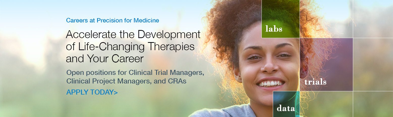 A young, smiling woman and title text Careers at Precision for Medicine oncology CRO